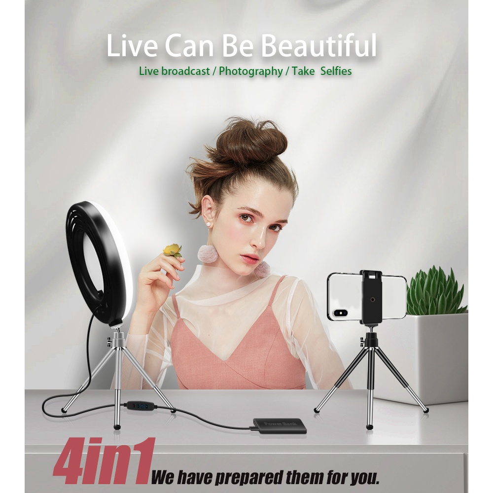 4 in 1 Desktop Cosmetic Live Lamp 9 Inch LED Ring Light Dimmable Lighting for Makeup inches