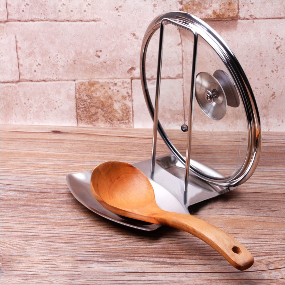 Kitchen Stainless Steel Pan Pot Cover Rack Lid Stand Spoon Rest Holder Silver - Image 2