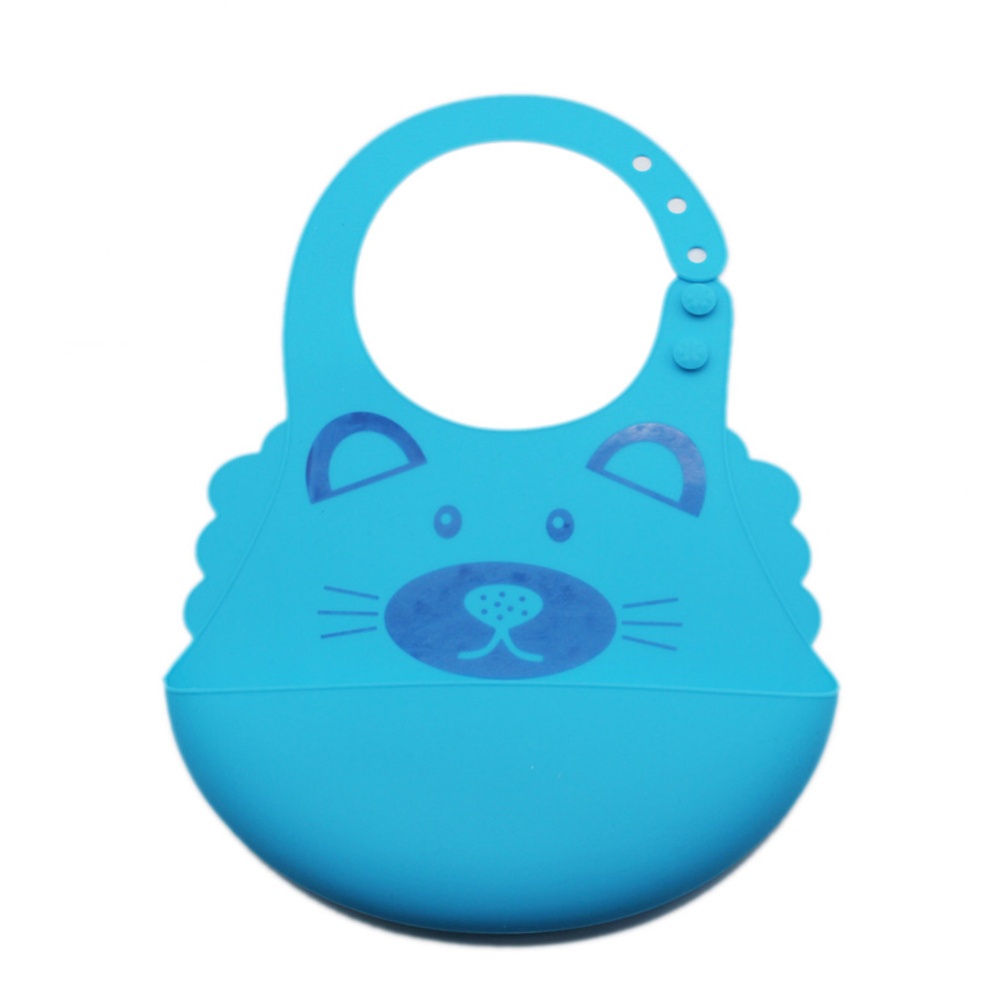 Baby Cute Cartoon Printing Waterproof Silicone Bib Rice Pocket Light blue