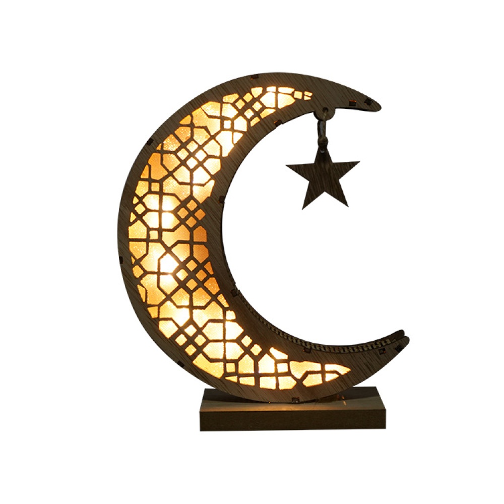 Wooden Eid Mubarak Muslim Ramadan Moon Star Plate Pendant With LED Light Ornament Home Decor yellow_21 * 11 6cm