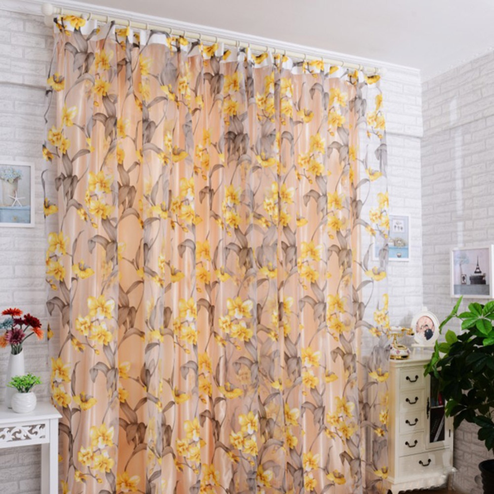 Window Curtain Tulle with Yellow Floral Printing for Bedroom Living Room Balcony 1.4m wide * 2.4m high_Yellow interlining
