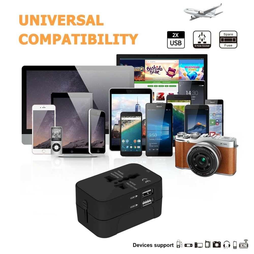 Universal Travel Adapter International Power Outlet Plug 2 USB black - Image 2