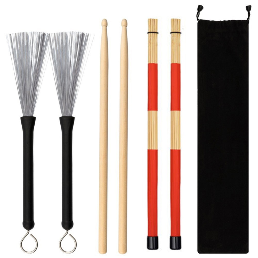 Jazz Drumsticks Set Include Bamboo Drum Sticks Steel Wire Brushes and Velvet Bag for Musical Instrument red - Image 2