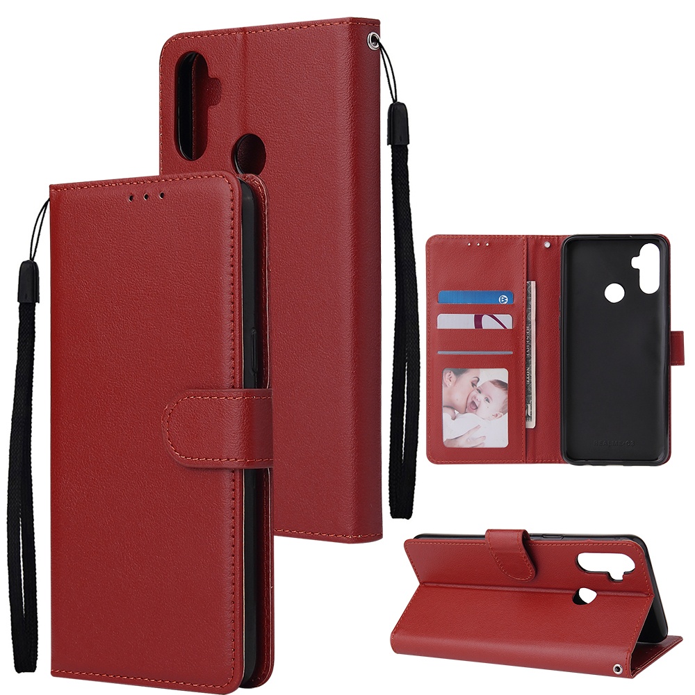 For OPPO Realme C3/Realme 6 PU Leather Mobile Phone Cover with 3 Cards Slots Frame red - Image 2