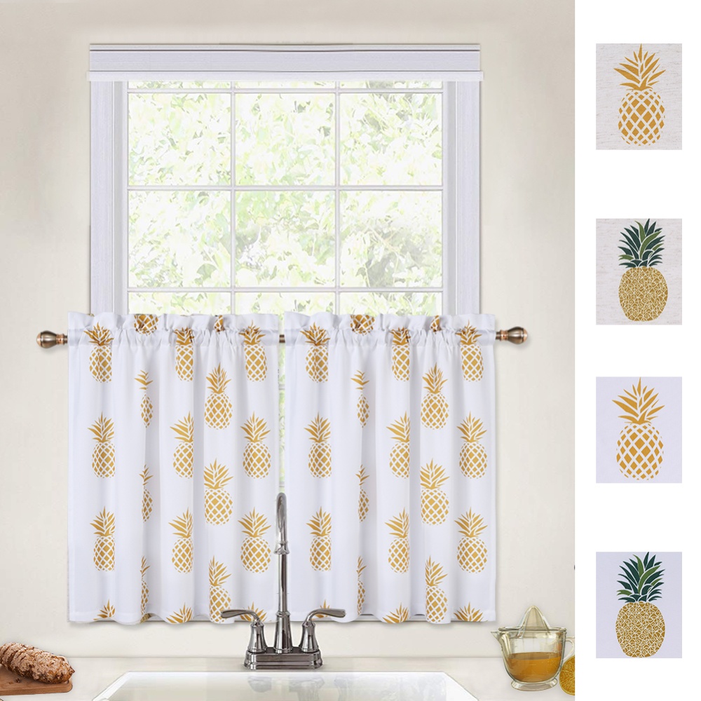 Small Window Curtains Tiers Set Pineapple Printed Plain Weave Curtain Kitchen Bathroom Bedroom Drapes - Image 2