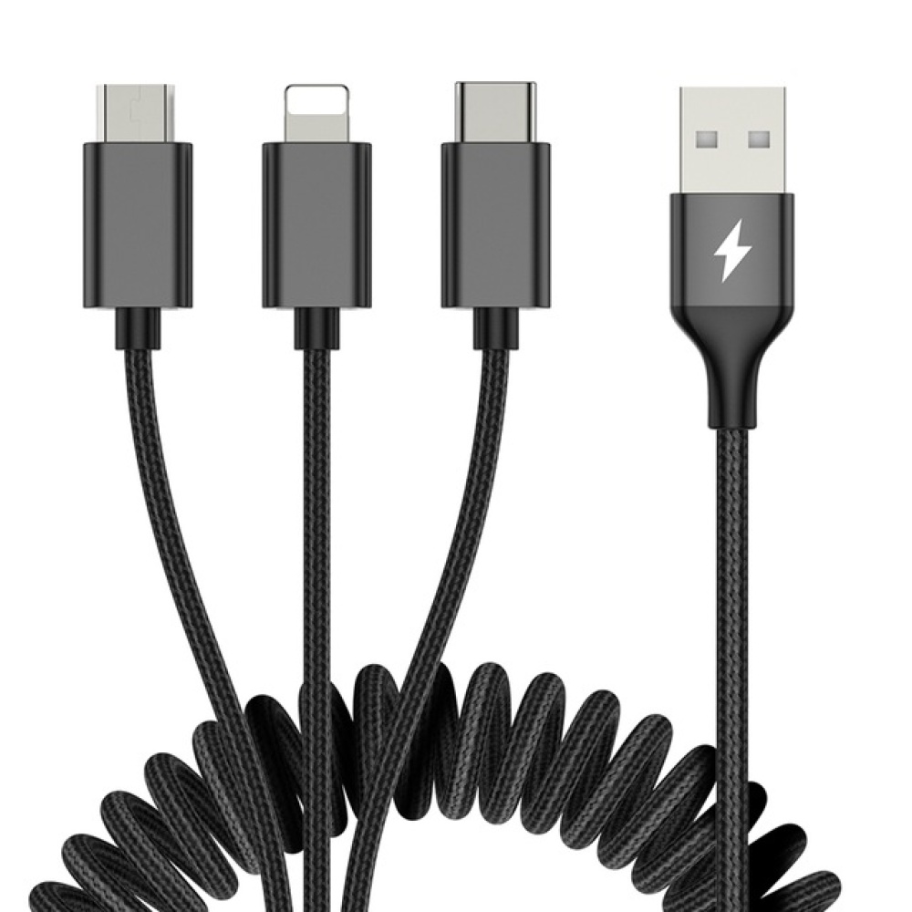 ROCK 3 in 1 USB Cable Retractable Spring for iPhone Samsung Xiaomi 3.3A Fast Charging Type-C Microusb Data Wire Cord black - Image 2