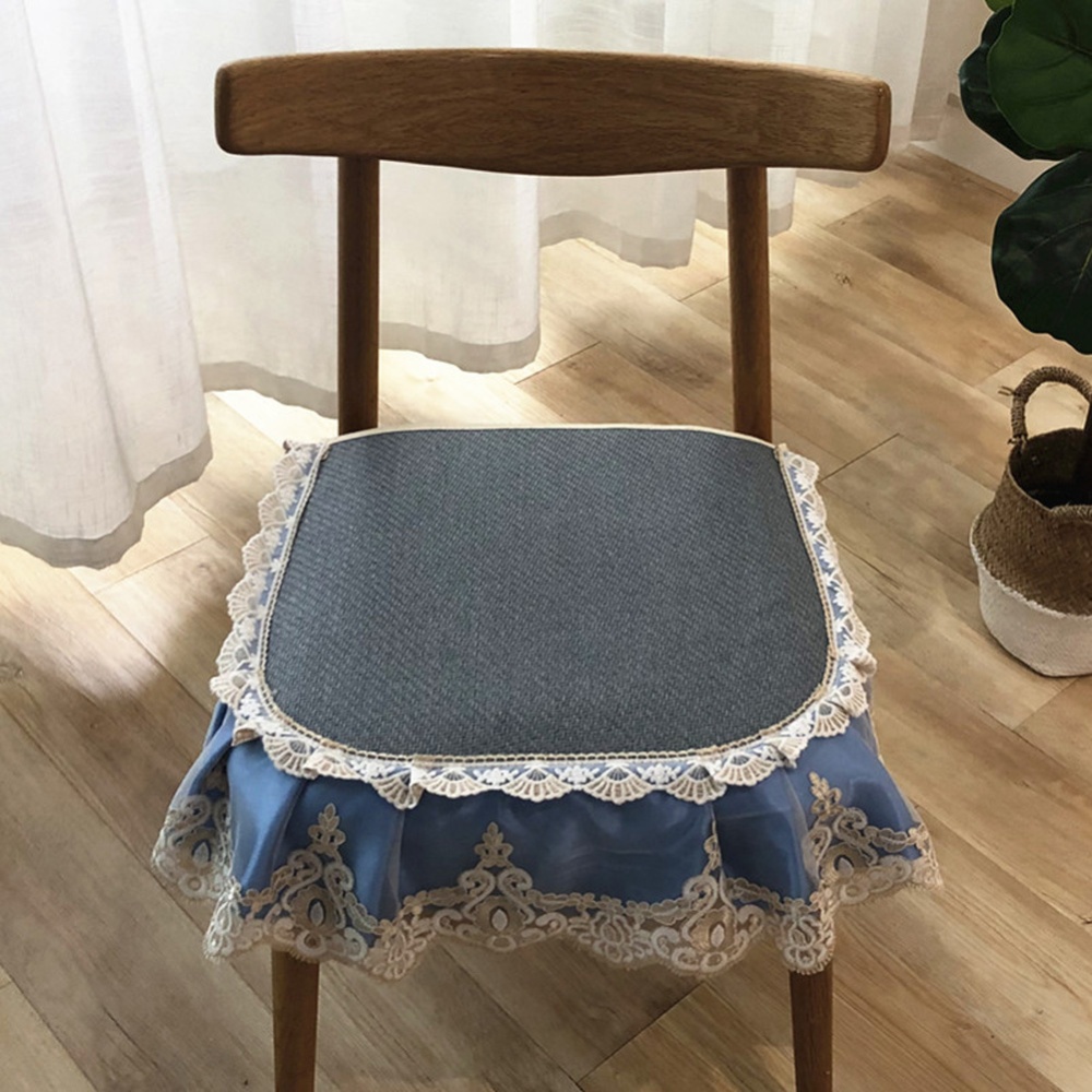 Summer Seat Pad Cover Ice Silk Lace Brim Vine Cool Dining Chair Cushion 40*45cm Light blue_40 * 45cm