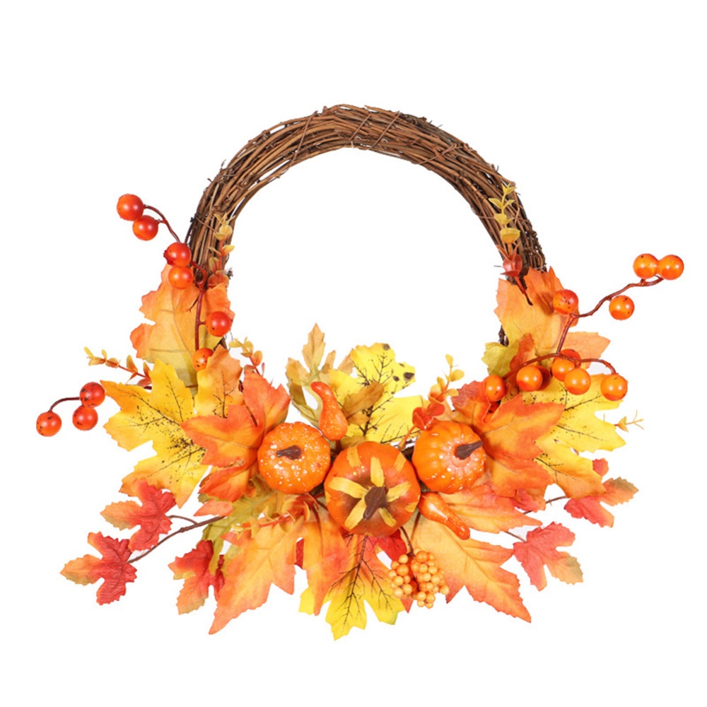 Artificial Pumpkin Maple Leaves Wreath for Front Door Halloween Thanksgiving Decor Half side pumpkin door hanging 35cm