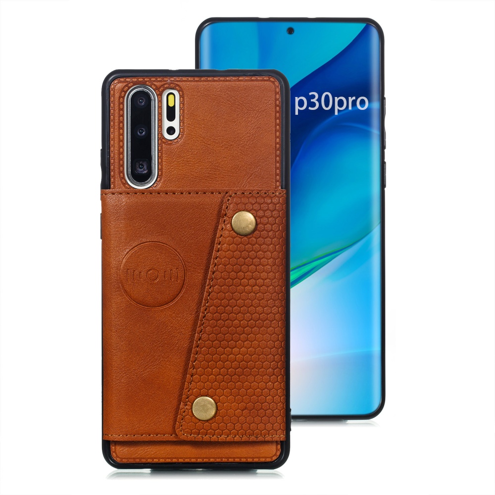 For Huawei P30 pro Double Buckle Non-slip Shockproof Cell Phone Case with Card Slot Bracket Light Brown - Image 2