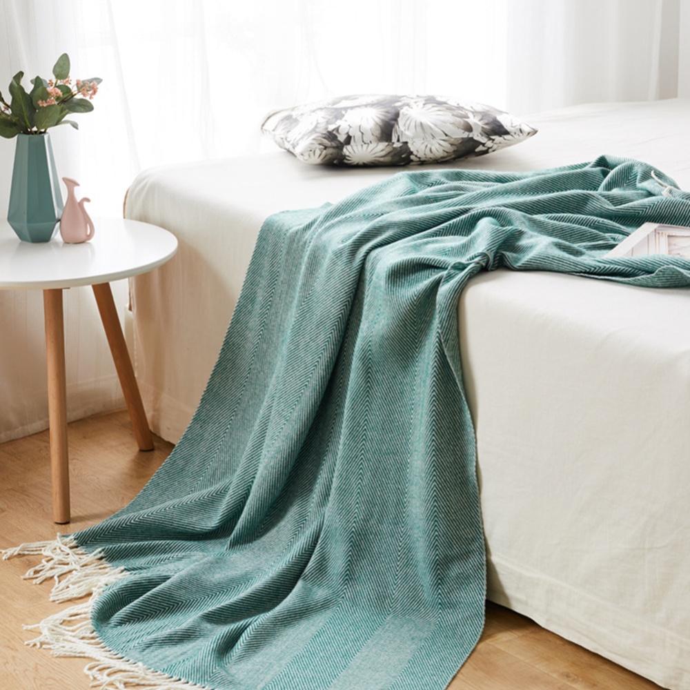 Handmade Weaving Wave Pattern Blanket with Tassels Home Beach Picnic Dark green