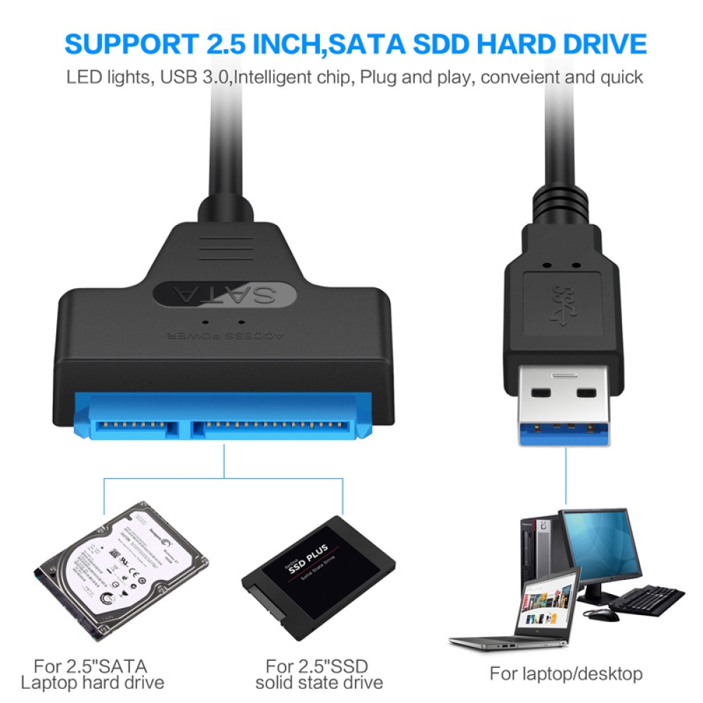 Usb3.1 To Sata Easy Drive Cable With Led Indicator Type-c Usb3.0 2-in-1 Hard Adapter Compatible For Windows/vista /xp black_50cm - Image 2