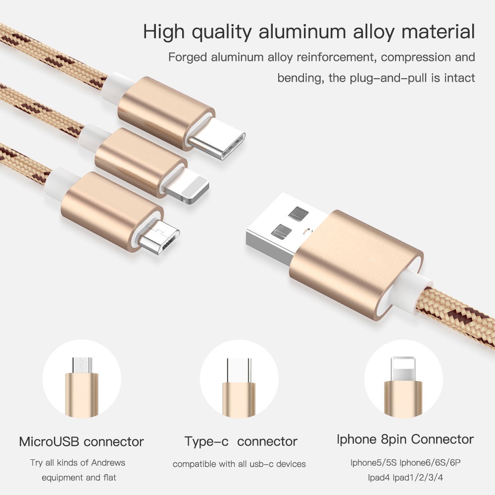 3 in 1 USB Fast Charging Cable for Type C Phone Micro and iphone 1M Rose gold - Image 2