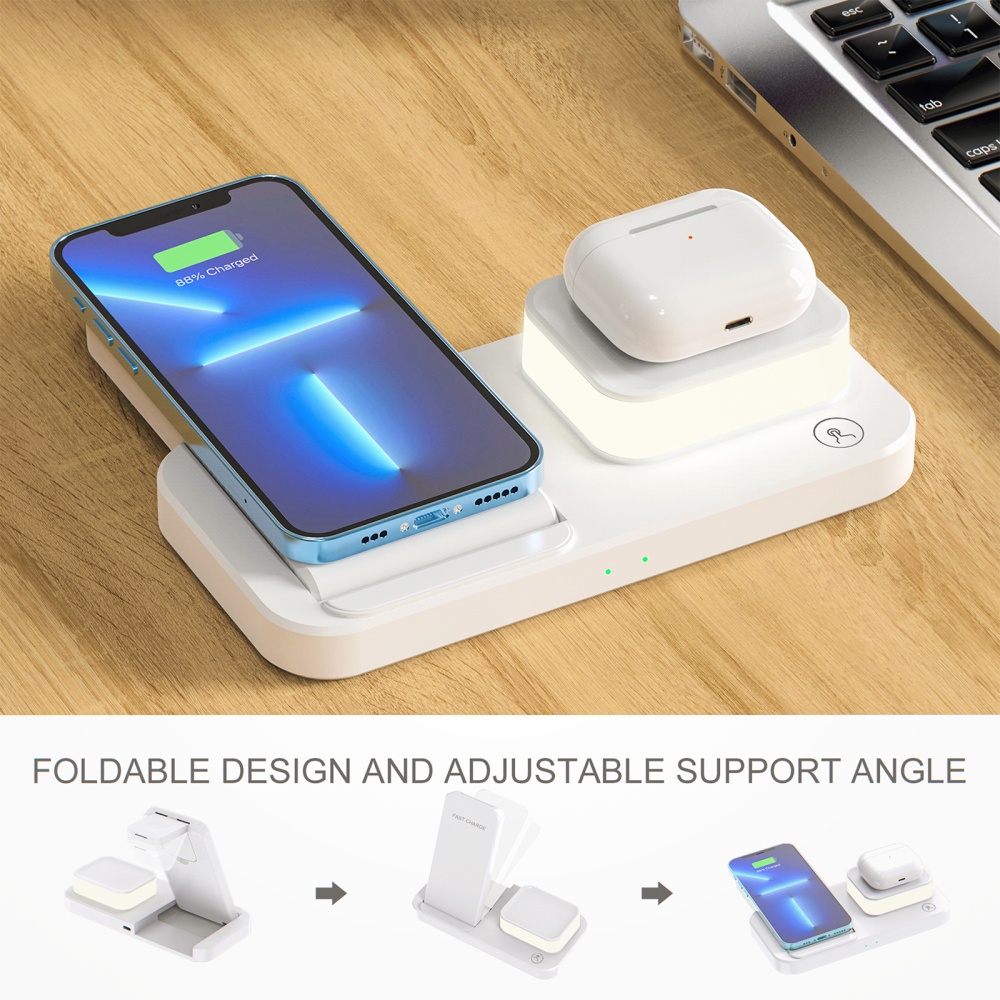 3-in-1 Wireless Charging Station with Led Night Light Foldable Charger Stand for Iwatch IPhone Airpods Black - Image 2