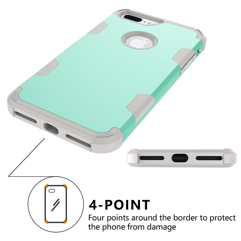 For iPhone 7 plus PC+ Silicone 2 in 1 Hit Color Tri-proof Shockproof Dustproof Anti-fall Protective Cover Back Case Mint green + gray - Image 2