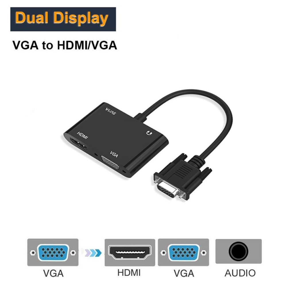 2 in 1 VGA to HDMI Splitter with 3.5mm Audio Converter Support Dual Display for PC Projector HDTV Multi-port Adapter black - Image 2