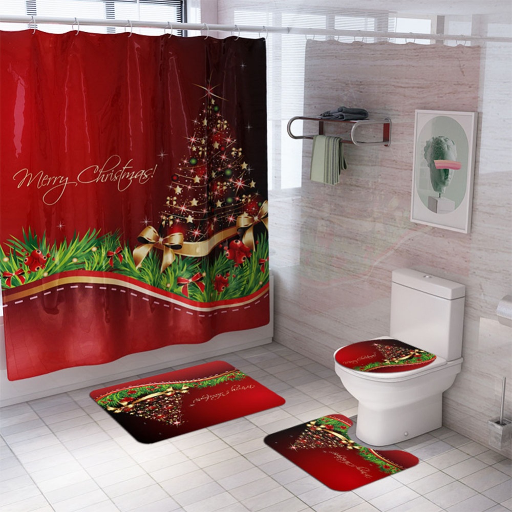 Santa Claus/Christmas Snowman/Christmas Tree Pattern Printing Shower Curtain + Floor Mat +Toilet Seat Cover+ Foot Pad Set Y141_As shown - Image 2