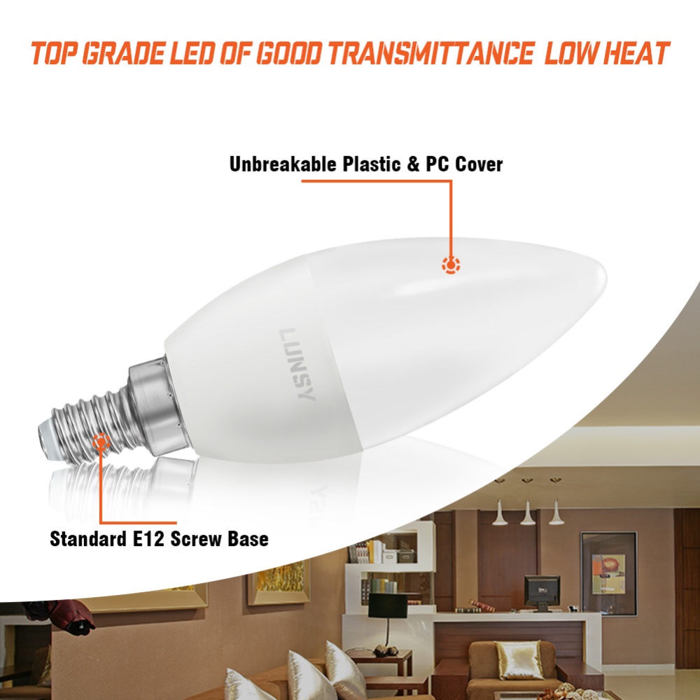 4 Packed E12 LED Bulb 60W Incandescent Equivalent 6W Non-dimmable 2700K Warm White Candelabra Light Bulbs - Image 3