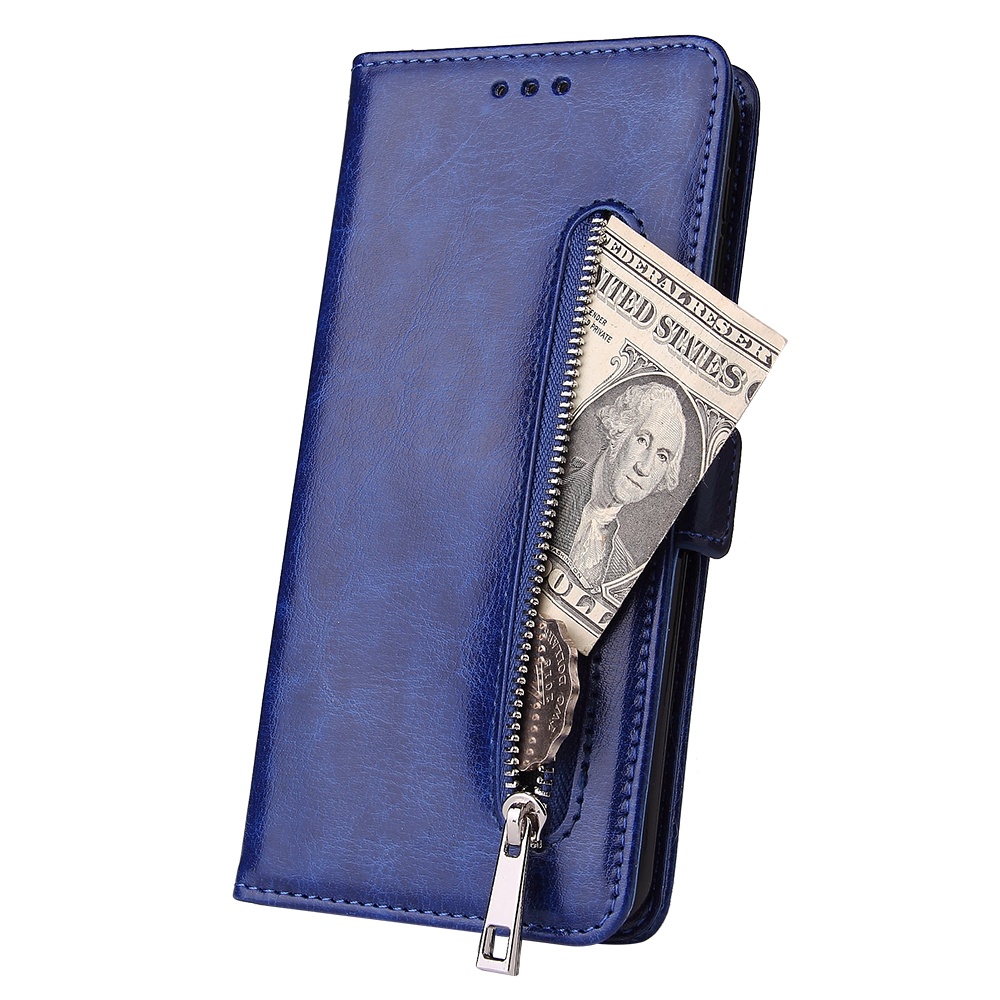 For Samsung A7 2018-A750 Solid Color PU Leather Zipper Wallet Double Buckle Protective Case with Stand & Lanyard blue - Image 2