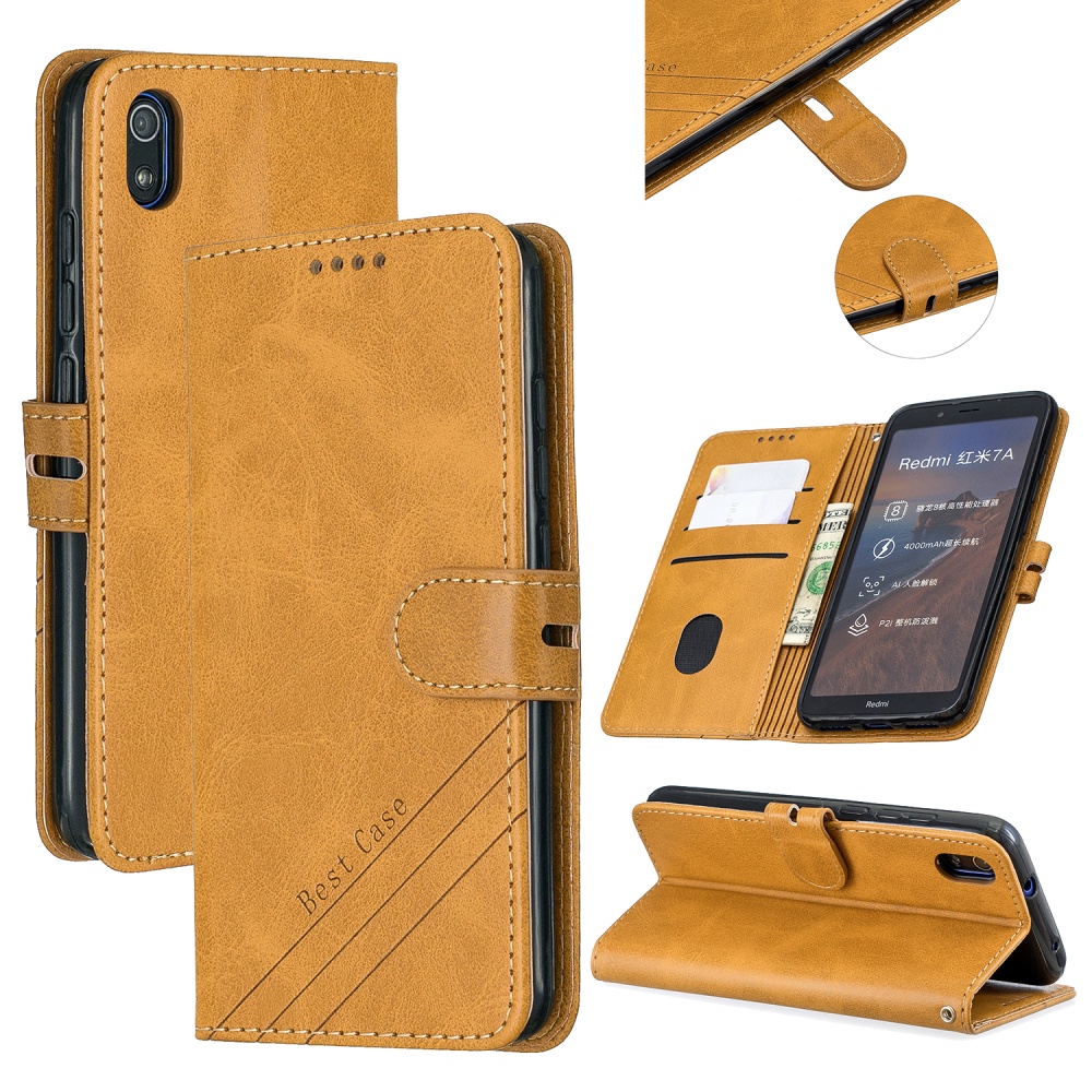 For Redmi 7A Denim Pattern Solid Color Flip Wallet PU Leather Protective Phone Case with Buckle & Bracket yellow - Image 2