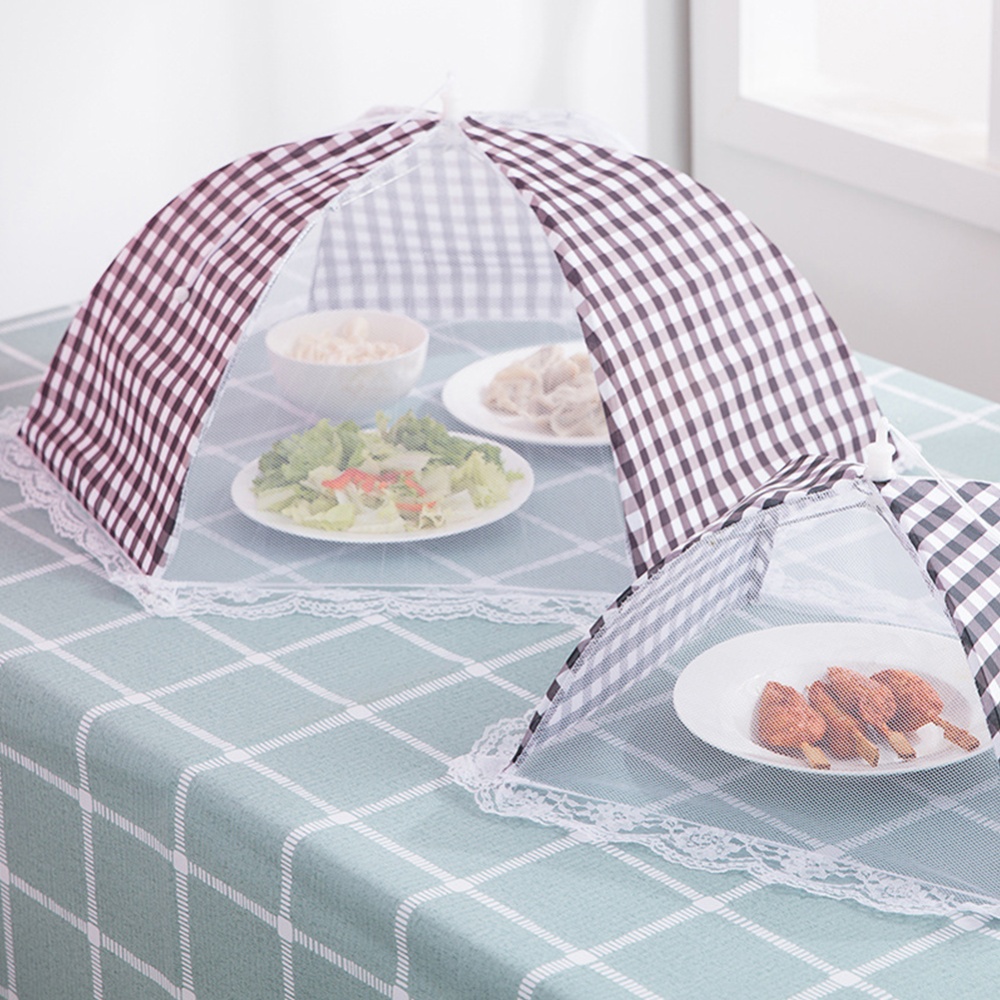 Foldable Umbrella Style Anti Fly Mosquito Table Food Fruit Cover 18 inch round beige plaid - Image 2