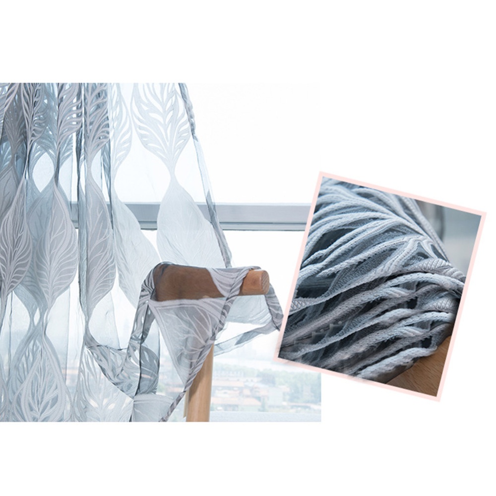 100*250cm Tulle Curtain Leaf Print Perforated Drapes for Home Living Room Balcony Decoration gray_100*250cm (W*H) - Image 3