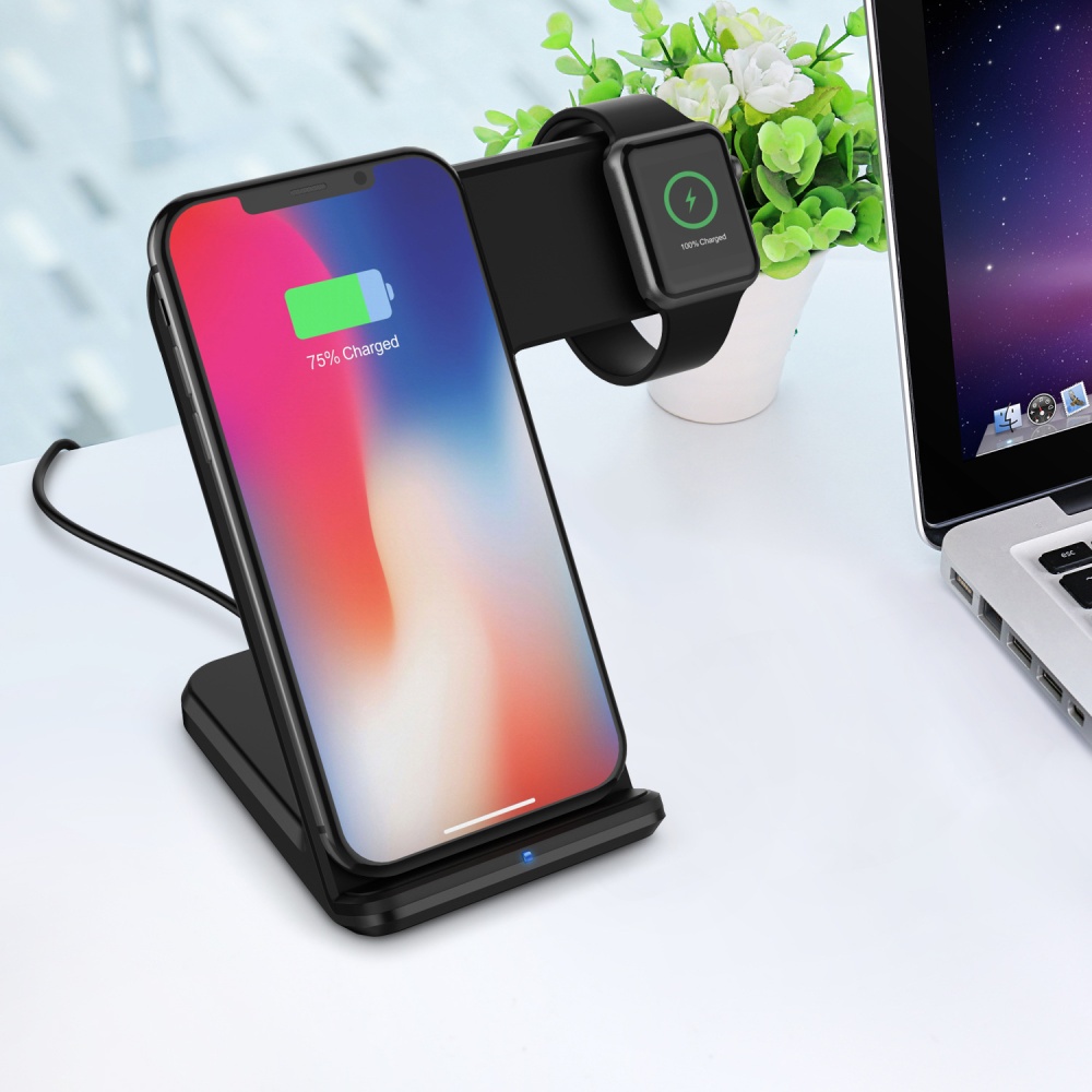 Wireless Charger Mobile Phone Watch 2 IN 1 Fast Quick Charge Dock Holder for Iphone Apple black - Image 2