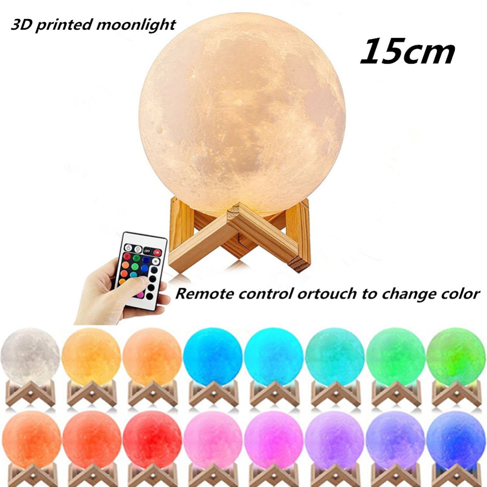 LED 16 Colors 3D Printing Warm Moon Lamp with Remote Control Touch Light for Room Office Decaration 15cm