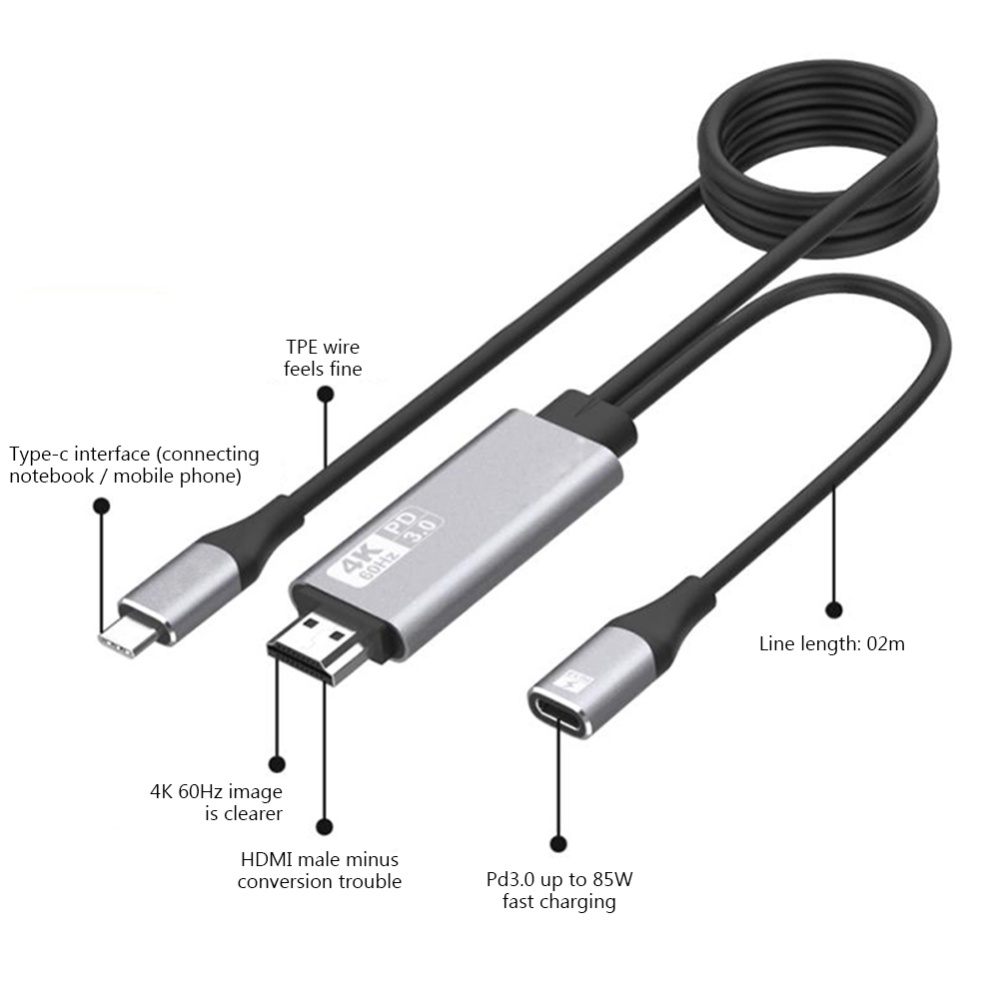 Usb C To Hdmi-compatible Cable With 65w Pd Power Cord 4k 60hz Converter Adapter Silver gray - Image 2