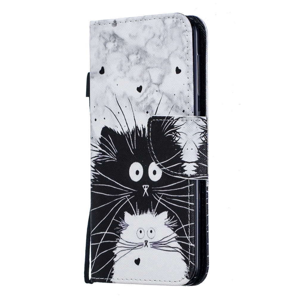 For Samsung A10/A20/A30 Smartphone Case PU Leather Wallet Design Cellphone Cover with Card Holder Stand Available Black white cat - Image 2