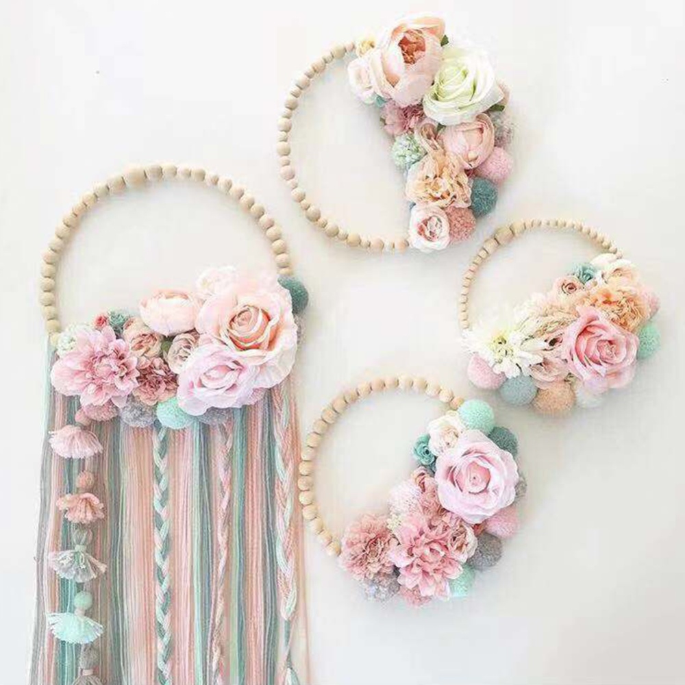 Wooden Beads Plush Ball Garland with Tassel Wall Decoration Photography Props white - Image 3