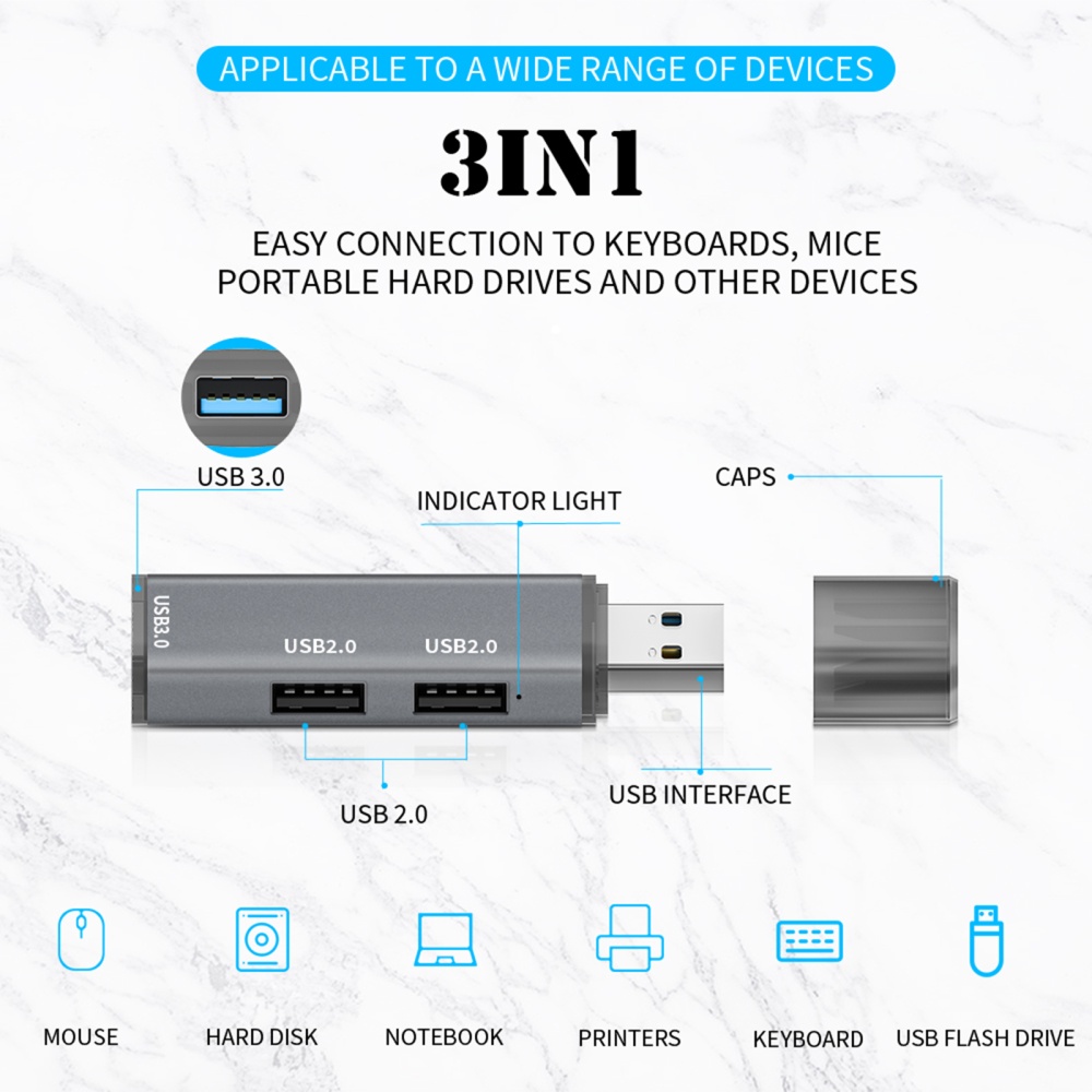 Usb 3.0 Hub Splitter 3-in-1 Computer Extensions Multi-port Adapter Station Portable Data Grey - Image 3