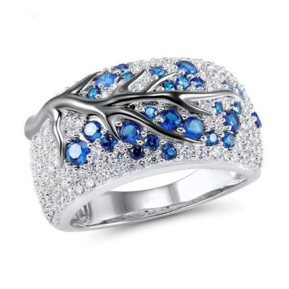 Plum Branch Ring Creative Inlaid Diamond Silver Classic Crystal Wedding Light blue zircon - Image 3