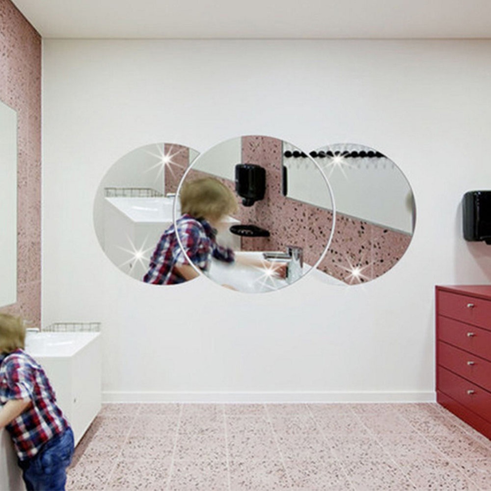 Round Combination Mirror Wall Sticker DIY Decorative Living Room Handwashing Wallpaper Silver
