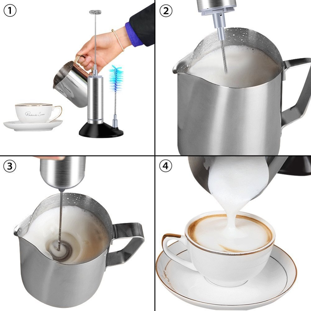 Stainless Steel Electric Milk Frother Semi-automatic Hand Beater Portable for Coffee Silver - Image 3