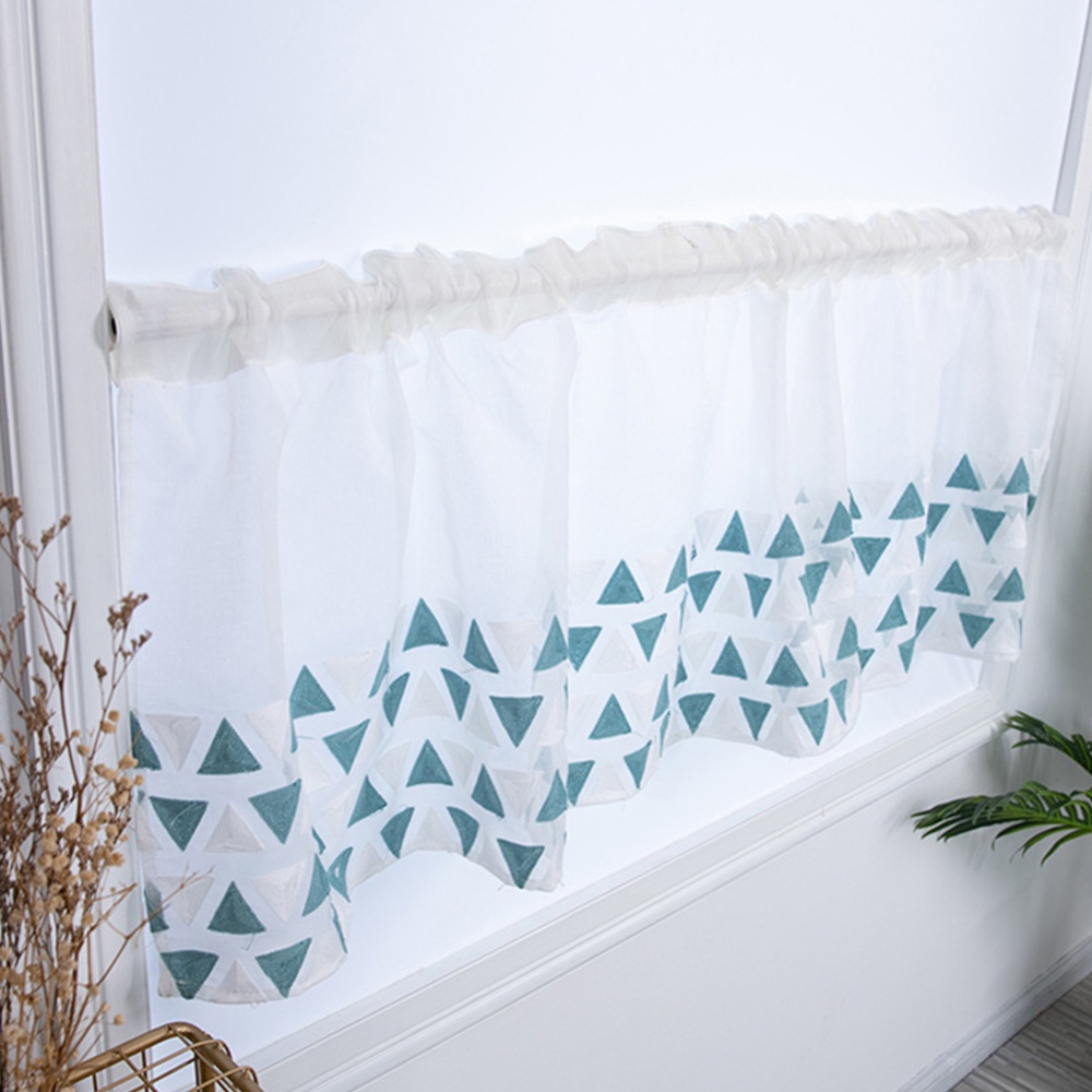 Short Curtain Blue Triangle Embroidery Shading Drapes for Entrance Kitchen Decoration 100*50cm blue_100 * 50CM - Image 3