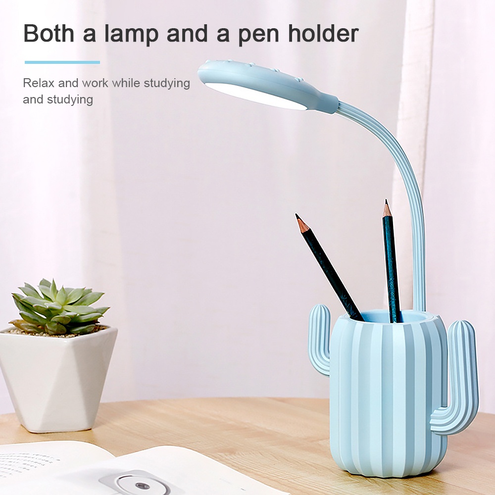 Rechargeable Flexible Lamp Cactus Shape with Pen Holder Creative 13 LED USB Touch Night Reading Light Eye Protective Pink - Image 2