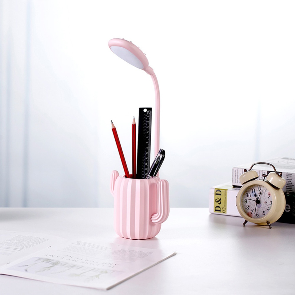 Rechargeable Flexible Lamp Cactus Shape with Pen Holder Creative 13 LED USB Touch Night Reading Light Eye Protective Pink - Image 3