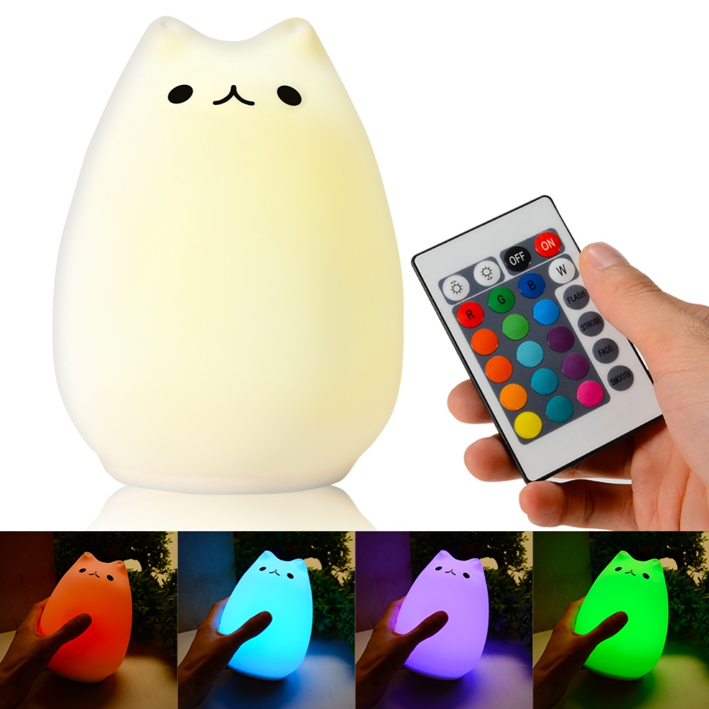 Remote Control Night Light Cute Soft Silicon Cat Lamp USB Rechargeable with 16 Multi Color 4 Lighting Modes
