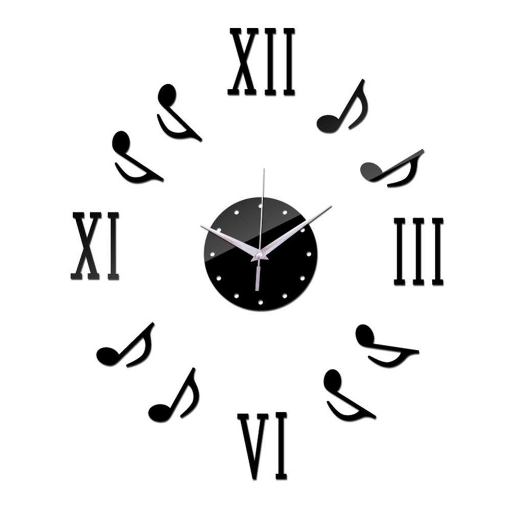 Modern DIY 3D Music Note Mirror Surface Wall Clock Art Sticker for Home Office Decor black