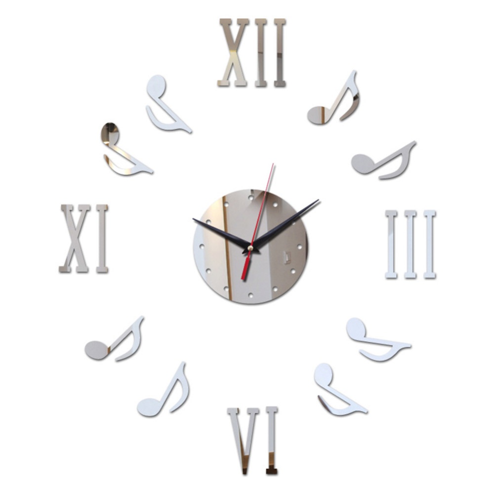 Modern DIY 3D Music Note Mirror Surface Wall Clock Art Sticker for Home Office Decor Silver