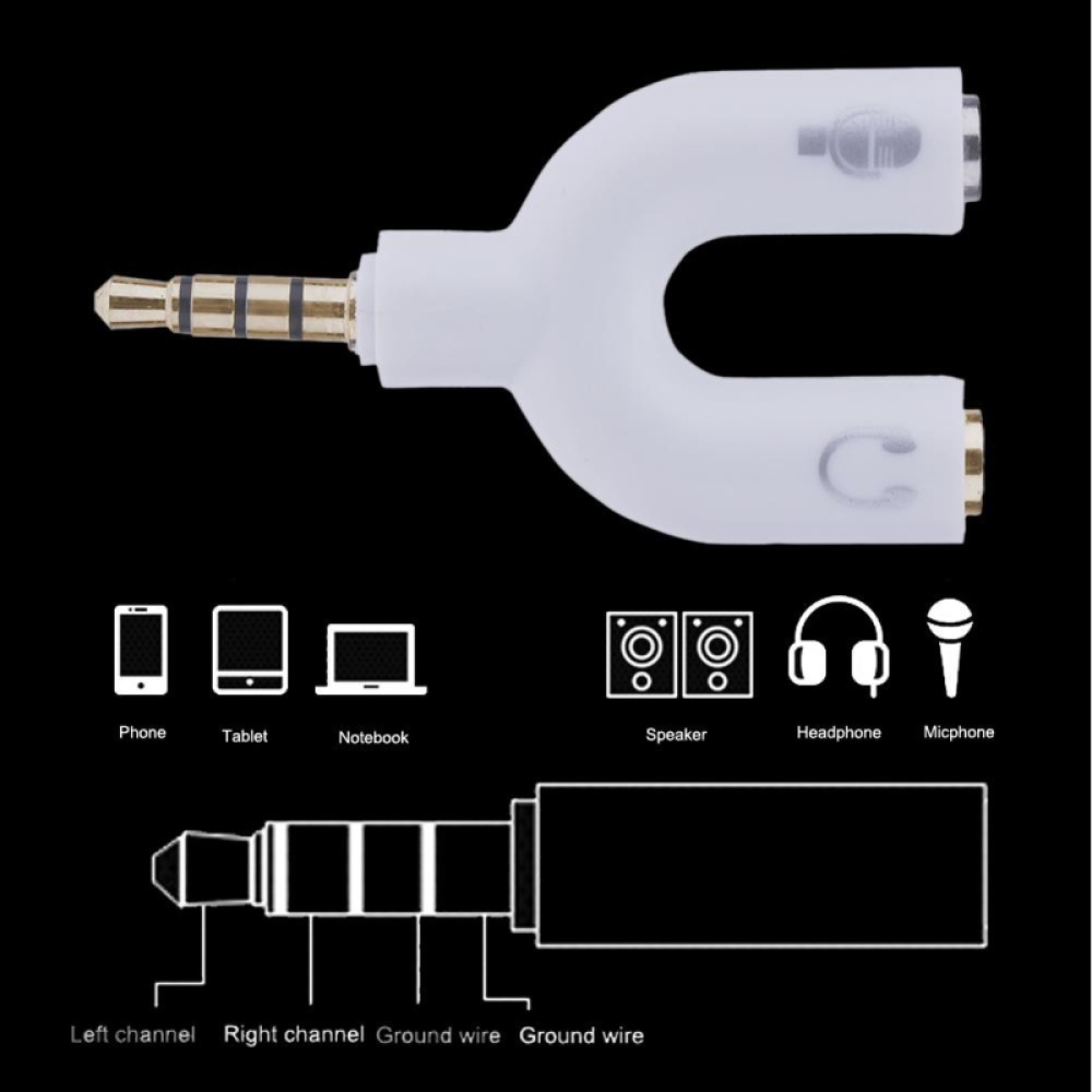 3.5mm Audio Adapter 1-to-2 U-shaped Converter Mobile Headset Splitter White - Image 2