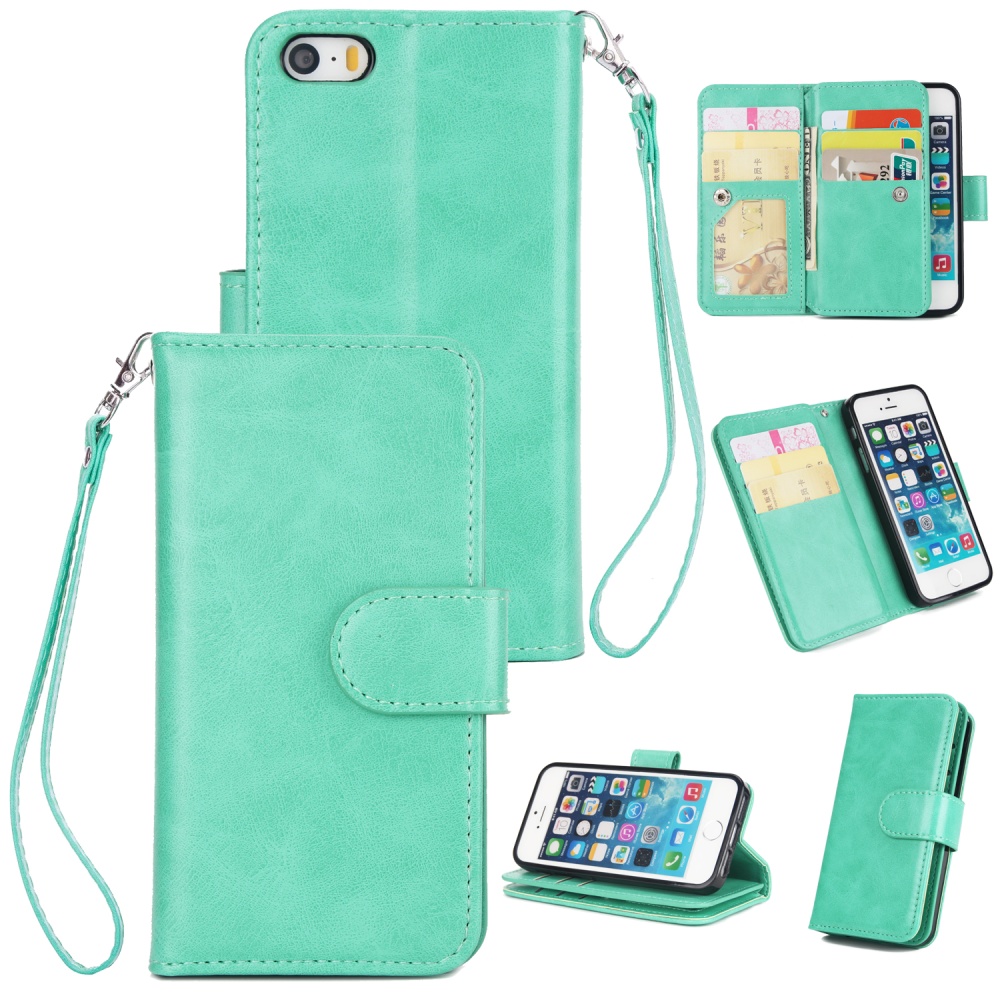 For iPhone 5/5S/SE PU Cell Phone Case Protective Leather Cover with Buckle & 9 Card Position Lanyard Bracket Mint color - Image 2