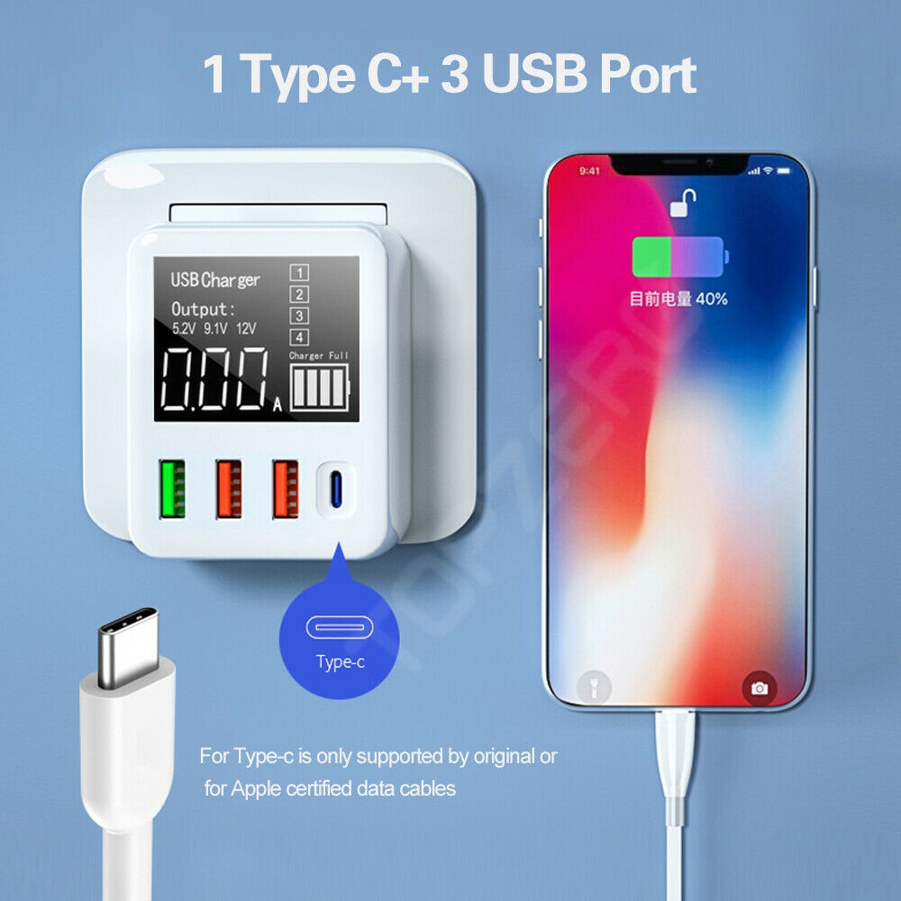 4-port USB Charger Type C Quick Charge Led Display QC3.0 Portable for Moblie Phone Tablet EU Plug - Image 2