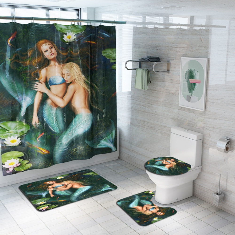 4Pcs/Set Mermaid Print Shower Curtain with Non-Slip Rugs Toilet Lid Cover Bath Mat 2#_As shown - Image 2