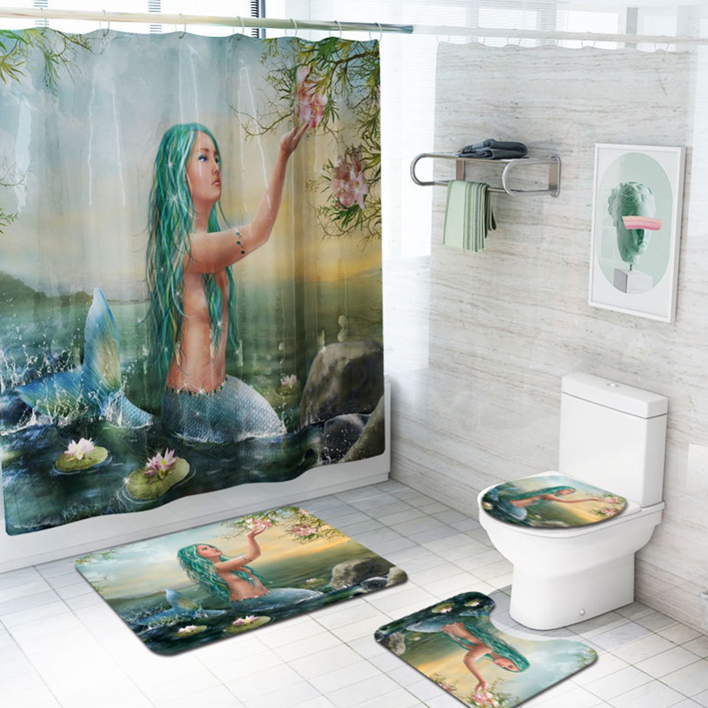 4Pcs/Set Mermaid Print Shower Curtain with Non-Slip Rugs Toilet Lid Cover Bath Mat 1#_As shown - Image 3