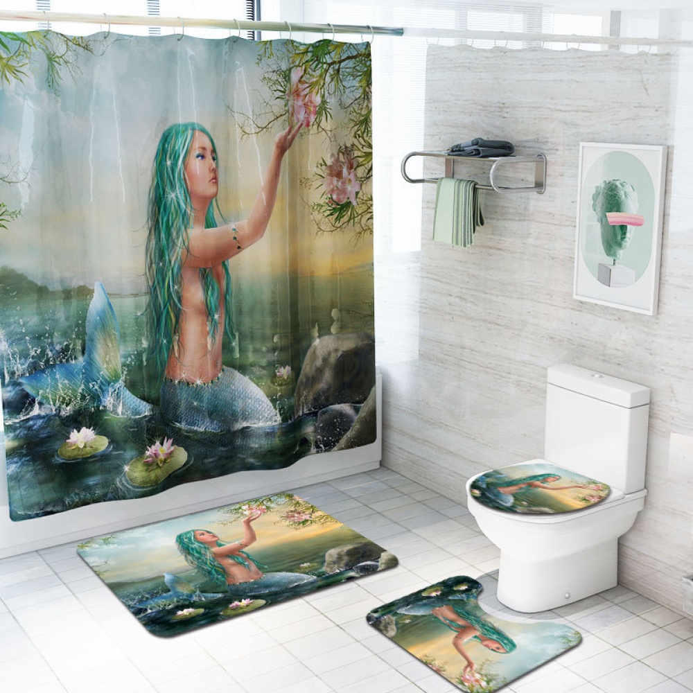 4Pcs/Set Mermaid Print Shower Curtain with Non-Slip Rugs Toilet Lid Cover Bath Mat 2#_As shown - Image 3