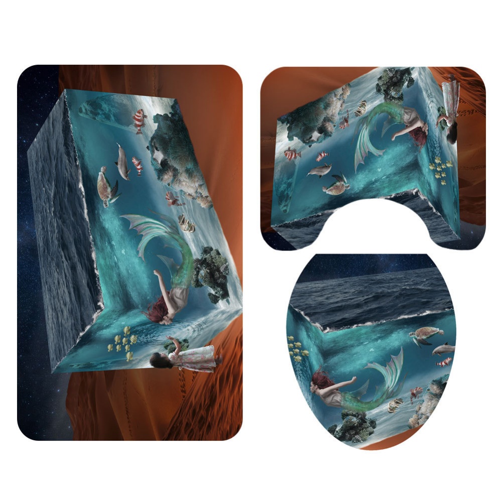 4Pcs/Set Mermaid Print Shower Curtain with Non-Slip Rugs Toilet Lid Cover Bath Mat 1#_As shown - Image 2