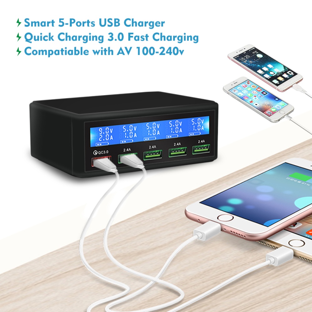 50W Quick Charge 3.0 5 Port USB Charger Adapter Mobile Phone Fast for iPhone Samsung Xiaomi Tablet black_EU - Image 2