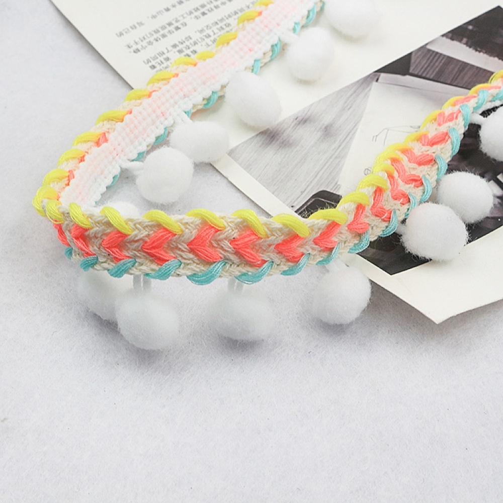 3Yard Ethnic Style Trim Ribbon 1.2CM Pom Ball Crafts Lace DIY Curtain Dress Sewing Colorful white_3 yards