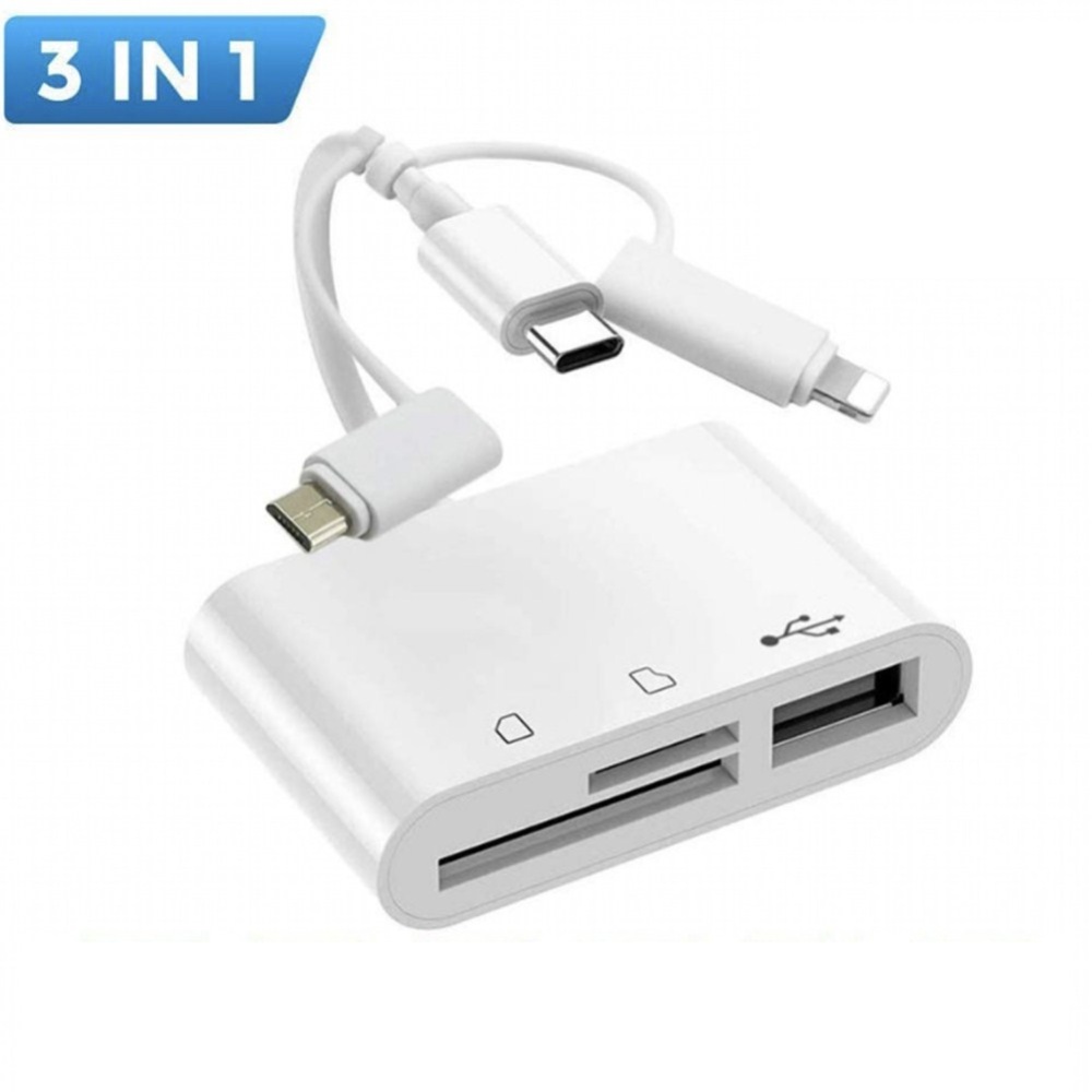 Lightning/Typec 3 in 1 Iphone Android Mobile Phone Computer Card Reader Multi-function OTG white